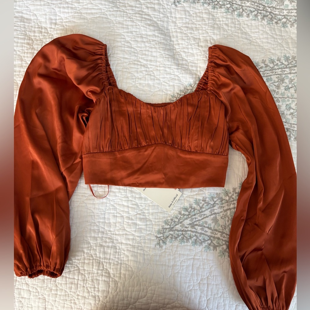 Abercrombie & Fitch Rust Crop Top with Ruched Puff Sleeves